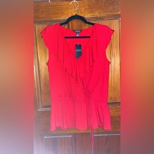 NWT RALPH LAUREN RUFFLE V-NECK SHORT SLEEVE BLOUSE SIZE LARGE RED